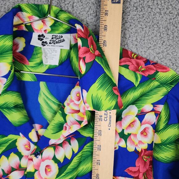 Vtg Hilo Hatties Hawaiian Shirt Mens L Blue Floral Camp Polyester Aloha 90s USA - Picture 6 of 7